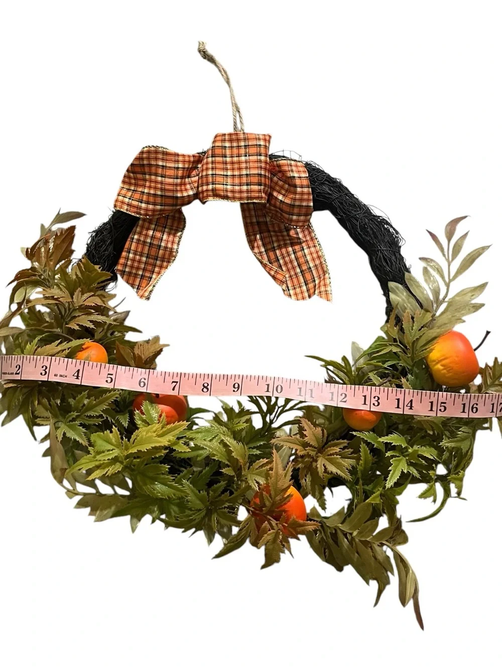 NWT! Autumn Orange Fruit & Leaf Wreath with Plaid Bow